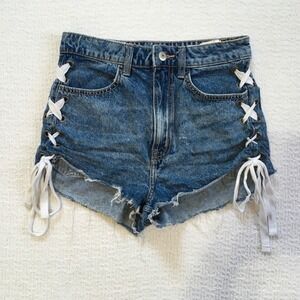 Y2K Lace Up Sides Shorts Grunge Distressed Blue‎ W Sz 4 H&M Divided Denim Shorts